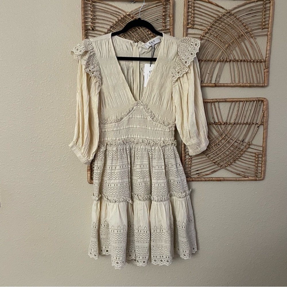 SEA NY Marley Pleated Smocked Mini Dress Cream Women's Sz 6 NWT - Picture 7 of 12